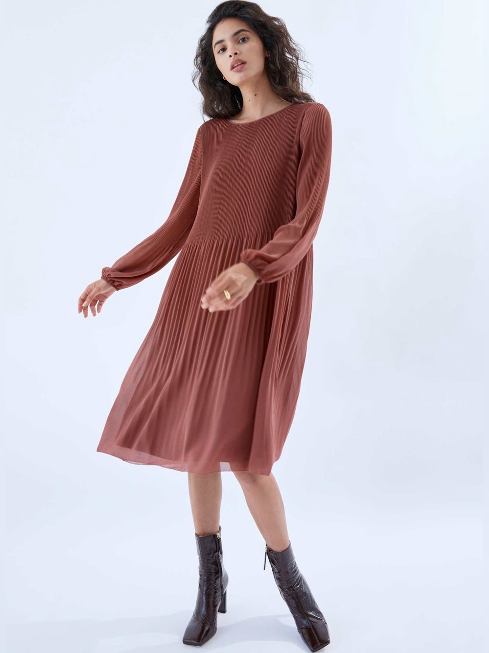 Aritzia Wilfred Daydreamer Midi Dress Size XL In Ashy Rose Pink Pleated Flowy